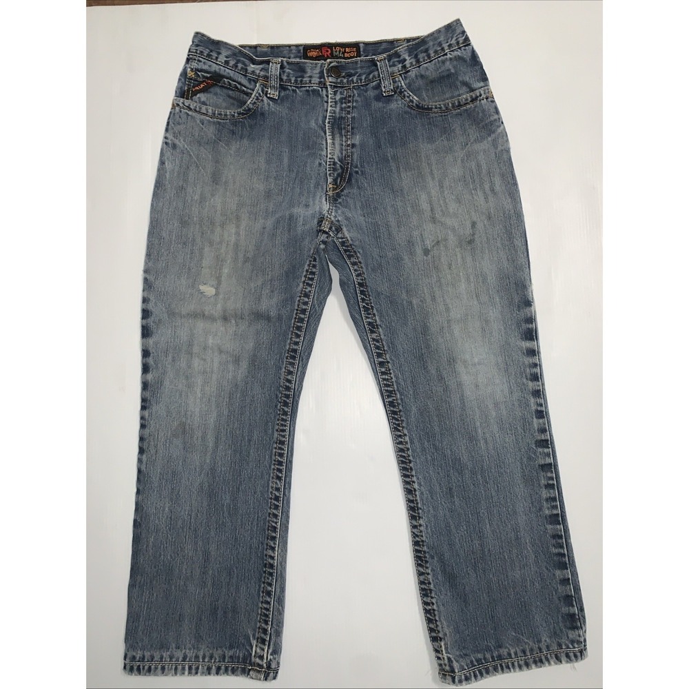 Ariat FR Jeans Mens 36x32 (29) Blue M4 Low Rise Bootcut Cat 2 2112 Distressed